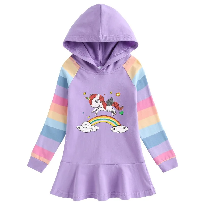 Unicorn Princess Dress 2024 Autumn Cotton Toddler Kids Dresses Girls for Children Birthday Party Clothes Costume Hooded Rainbow