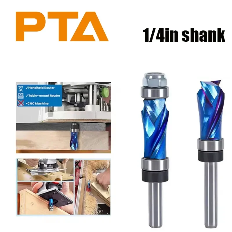 

6.35mm Shank Nano Blue Coated Carbide Compression Flush Trim Router Bit Top and Bottom Bearing for Woodworking Trimming
