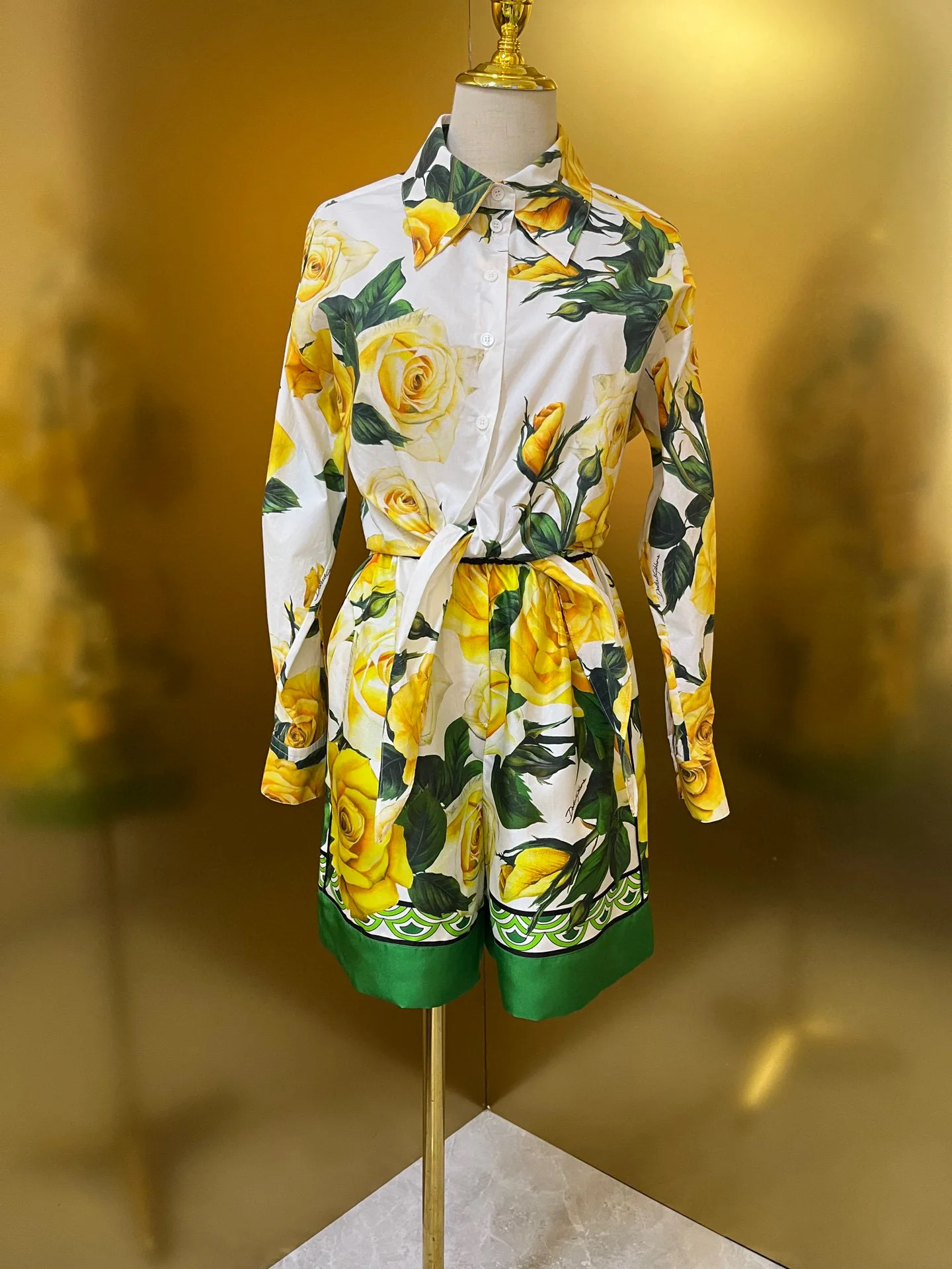 2025 New Arrival 100% Cotton Yellow Rose Print Tie-Front Long-Sleeve Shirt Women's Retro Elegant Slim-Fit Top