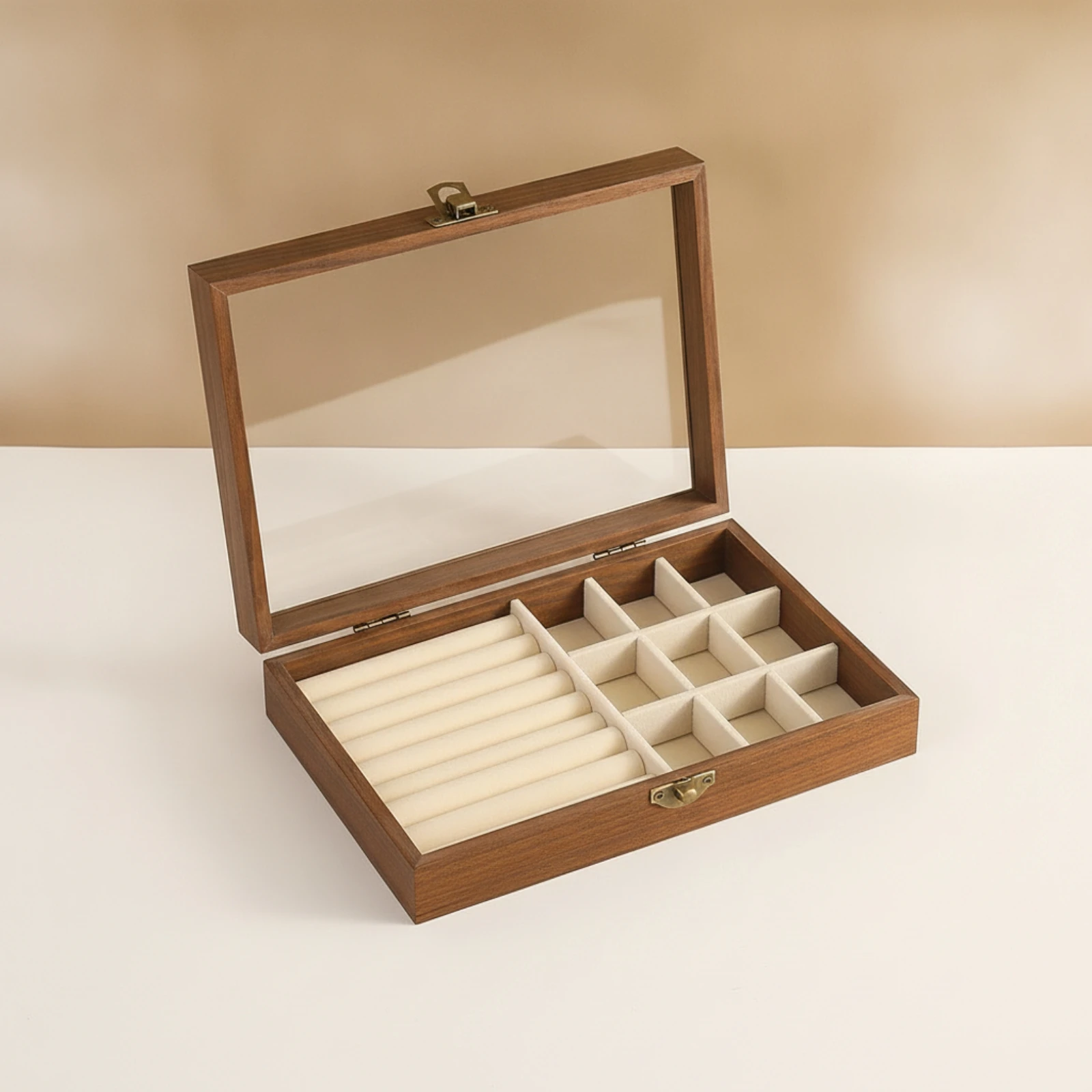 Jewelry Box with Transparent Lid Walnut-Finish Jewelry Box Rectangular Wooden for Vanity, Dresser