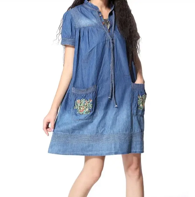 KYQIAO Vintage Denim Dress Woman Summer Ethnic Embroidery Short Sleeve Jean Dress Chic Design Dresses