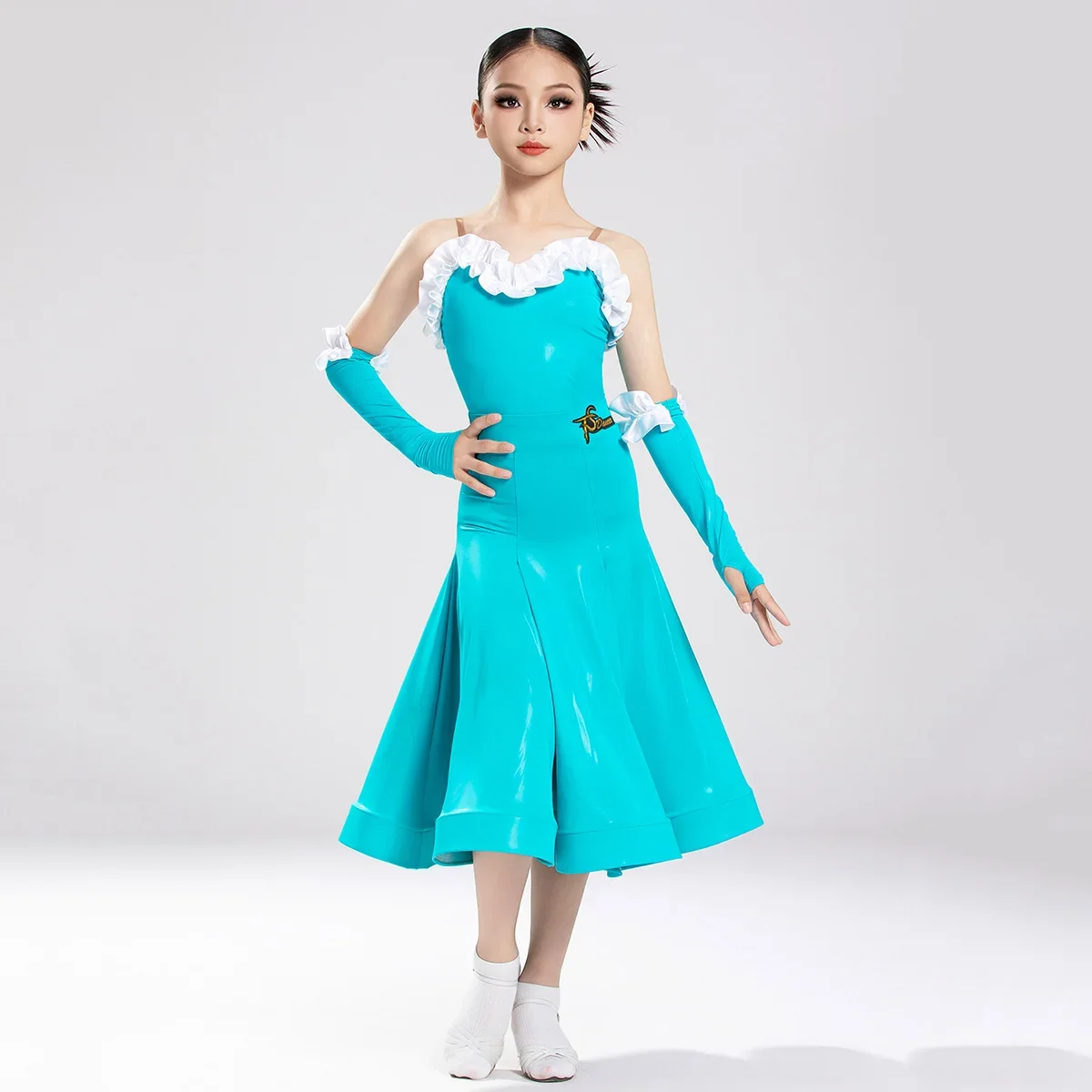 Children Girls Latex Ballroom Dance Dress Competition Professional Practice Bodysuit Fishbone Skirt Standard Dancewear Costume