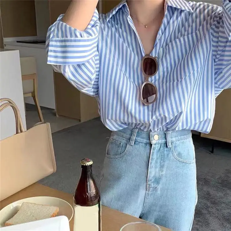 Elegant Fashion Harajuku Slim Fit Female Clothes Loose Casual All Match Tops Women Printed Button POLO Shirt Long Sleeve Blusa