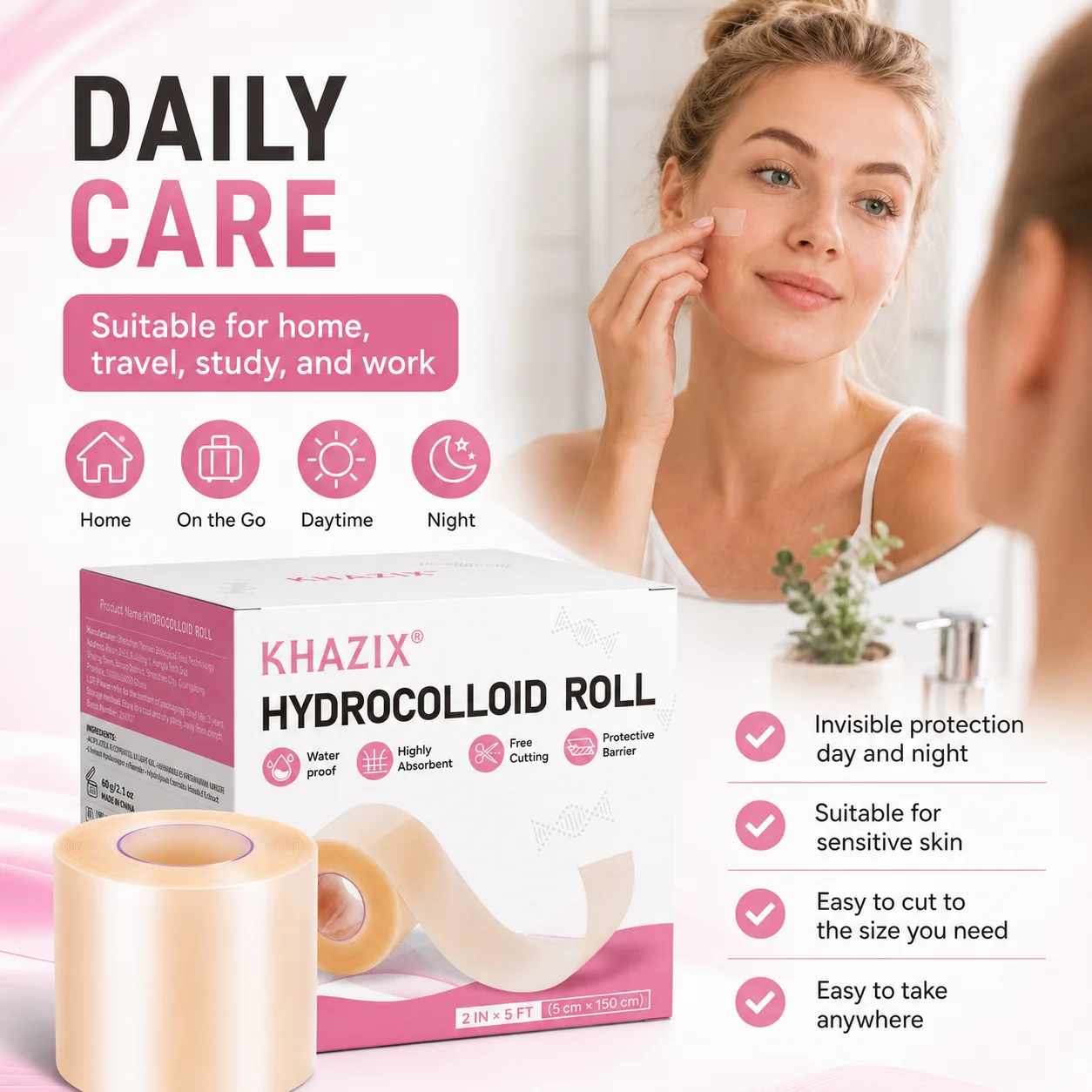 1 Rolle wasserbasiertes Kolloid-Akne-Pflaster-Rollpack – kann geschnitten und zuschneidbar werden – wasserfester und unsichtbarer Hautunreinheiten-Patch für die Gesichtspflege – Detail 3
