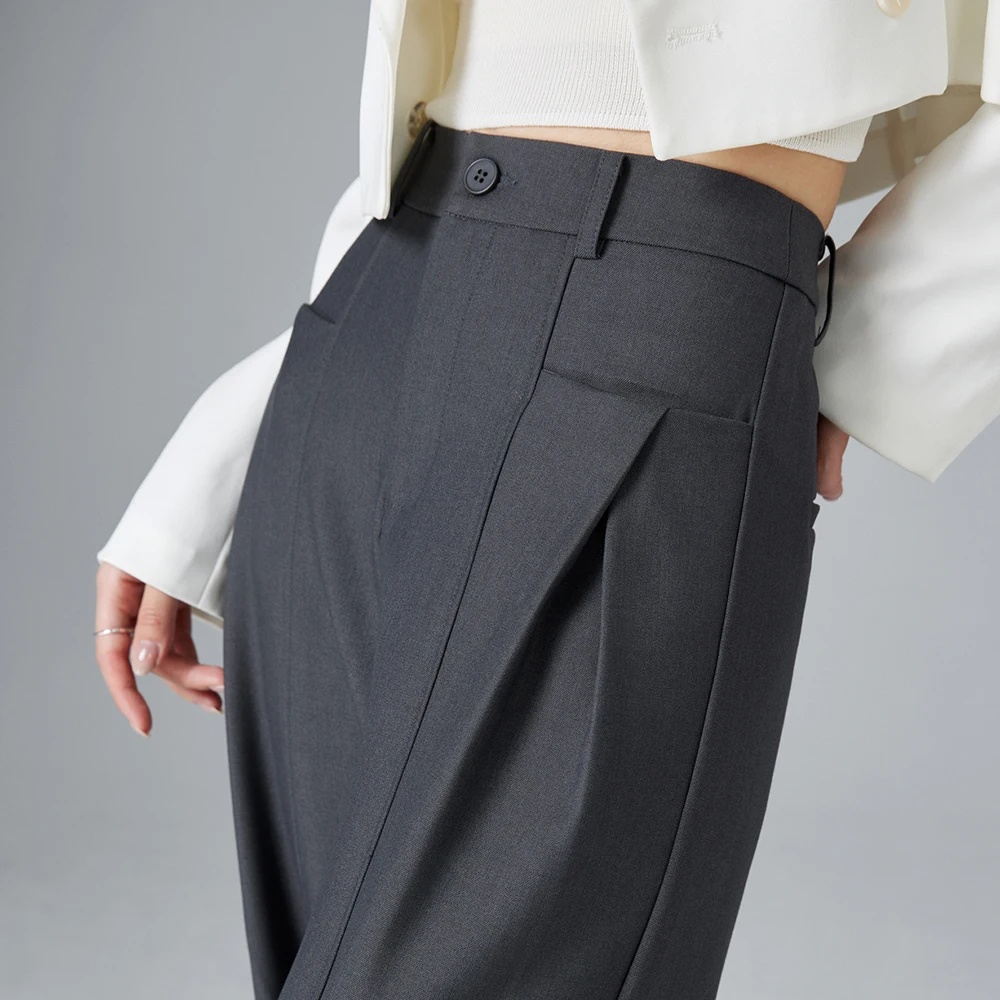 

2026 new women fashion woolen long high-waisted pleated straight-leg pants for spring autumn office suit trousers