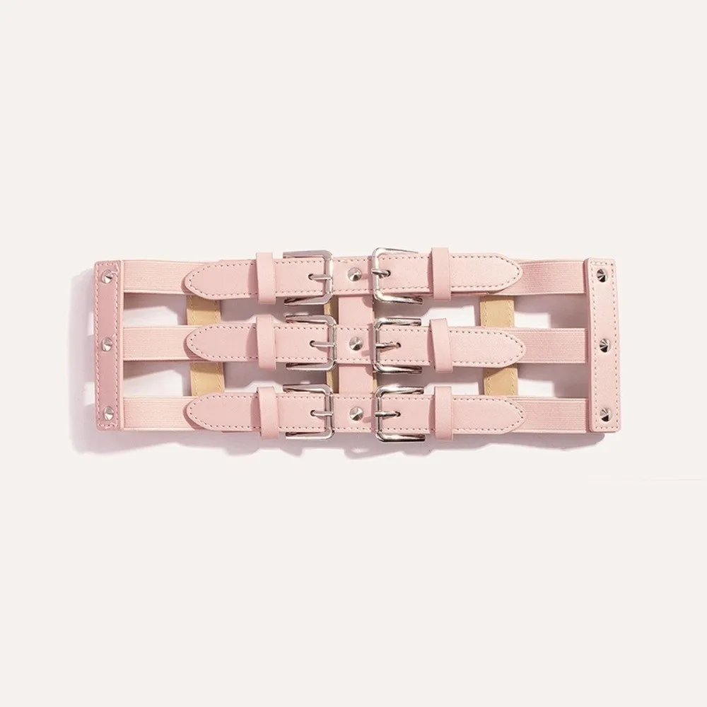 Fashion Three Row Buckle Waistband Belt Punk Style Wide Elastic Waist Belt Versatile Slim Fit Women's Waist Belt for Women