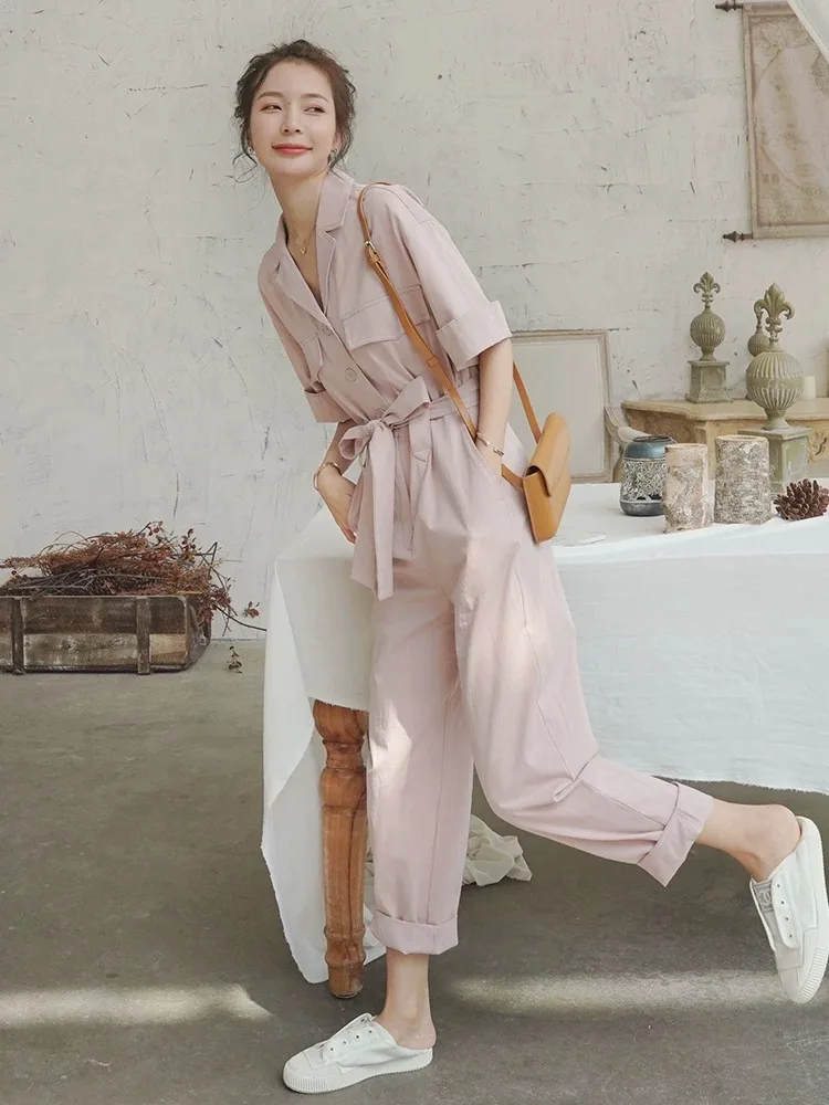 

Розовый комбинезон Ele: женский летний модный облегающий рабочий костюм с высокой талией, прямые брюки, повседневный стиль, корейский дизайн