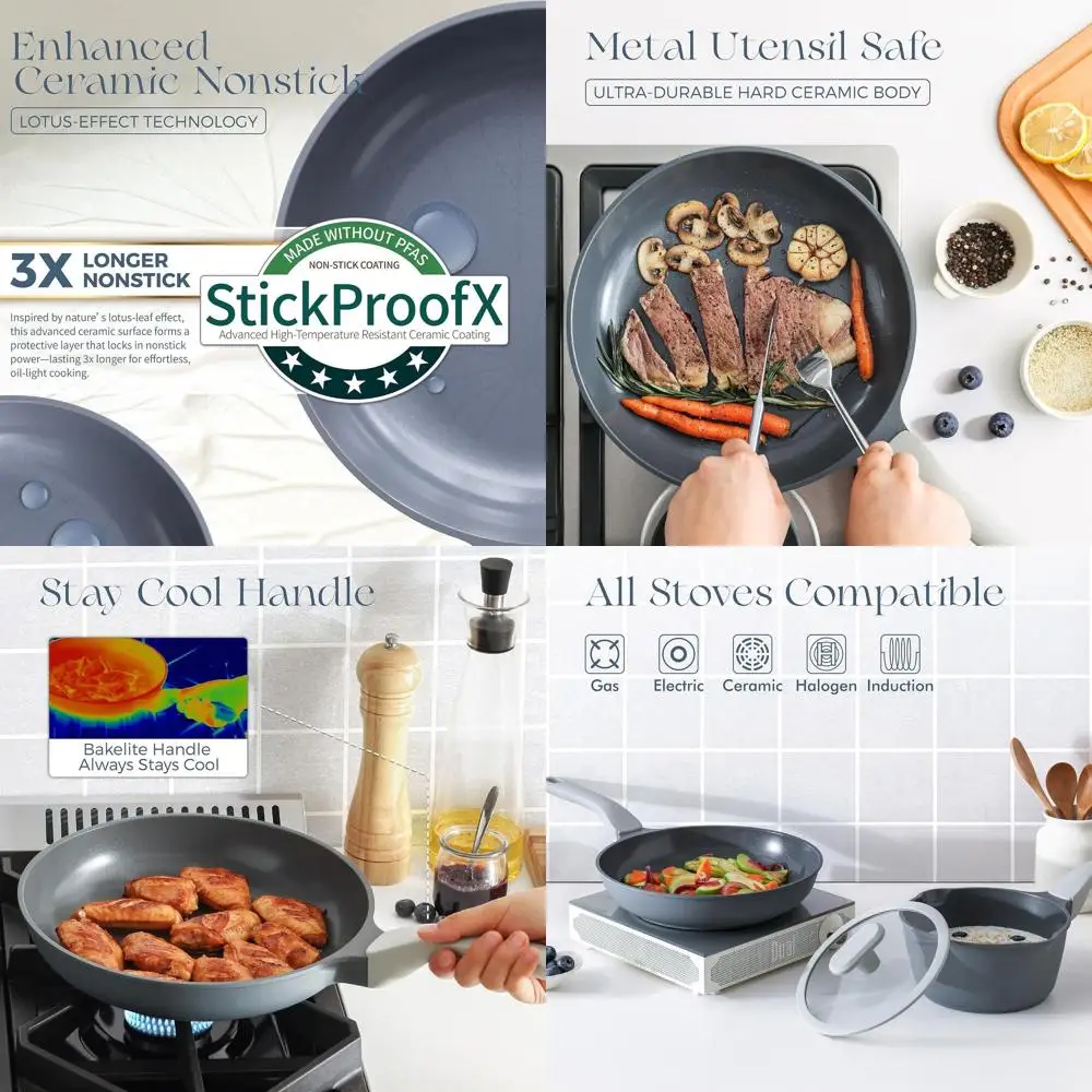 

Induction-Safe Nonstick Skillet Set, 10 & 12 Inch with Cool Handle, Dishwasher Safe, Omelet Pan (Blueberry Gray)