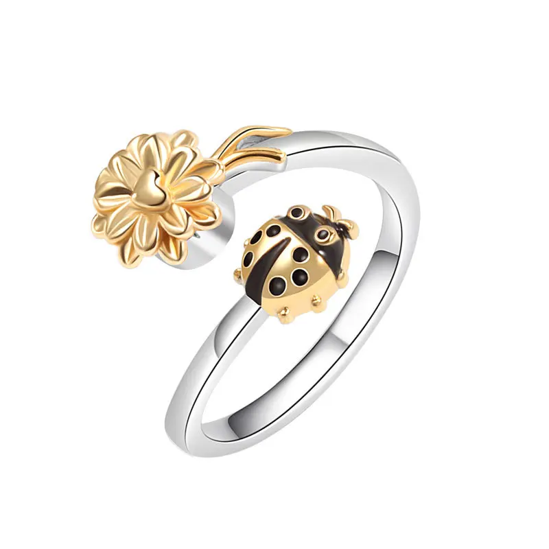 Cute Open Size Rotable Flower Ring For Women Zircon Jewelry Decompression Anxiety Enamel Ladybug Rings