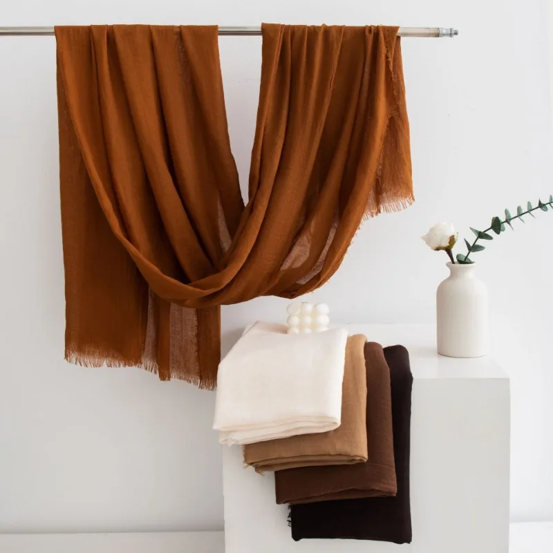 Cotton and Linen Scarves Womens Solid Color Scarves Warm Shawls, Simple Retro Style Scarves with Fringed Edges
