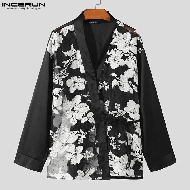 INCERUN Men Shirt Printing Patchwork V Neck Long Sleeve Transparent Men Clothing Lace Up Loose Streetwear 2024 Fashion Shirts