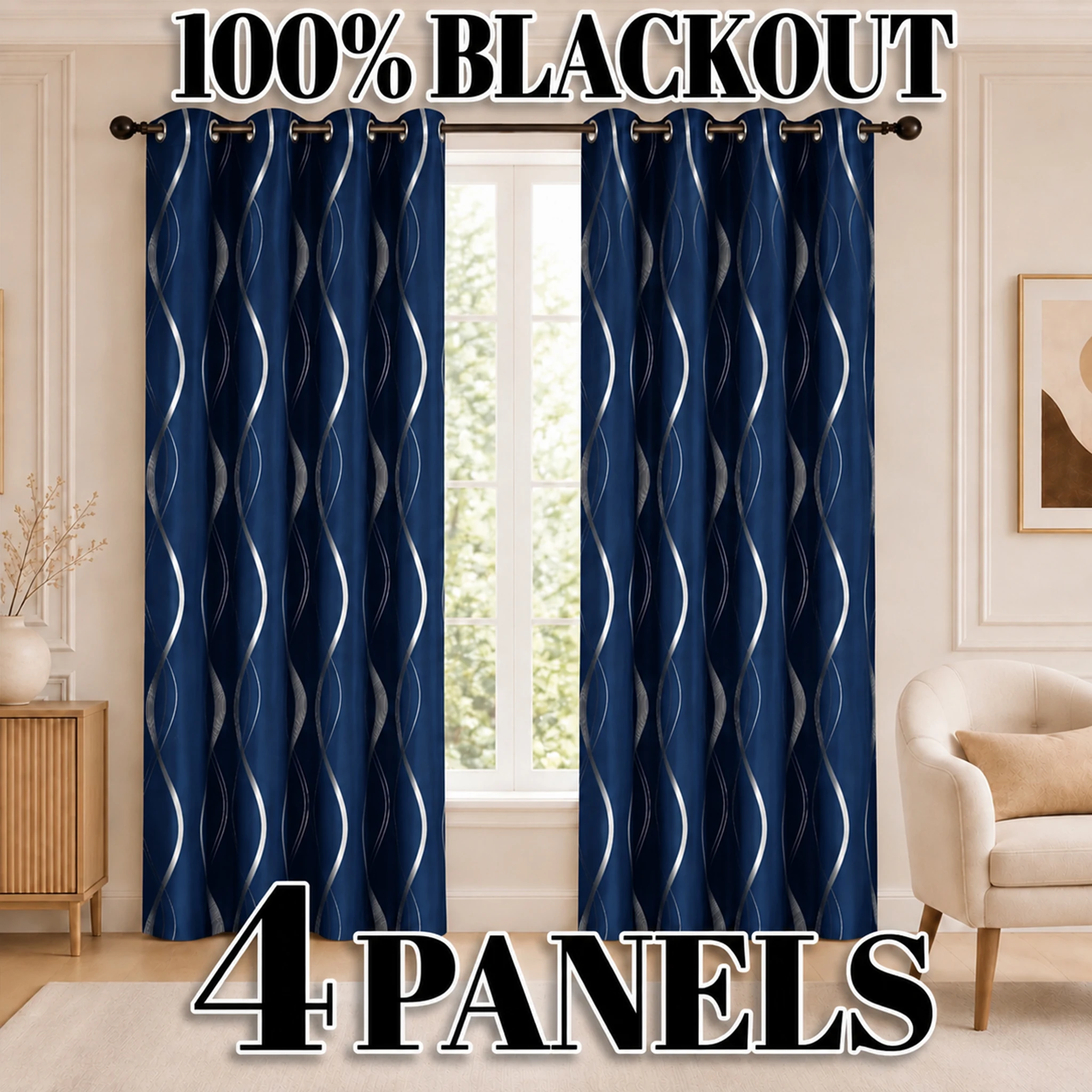 Silver Foil Blackout Curtains 4 Panel Set 100% Light Blocking Thermal Noise Reducing Privacy Drapes with Black Coated Backing for Bedroom Living Room