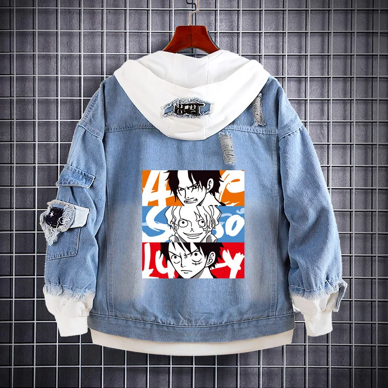 ONE PIECE Luffy cartoon print hooded spring and autumn animation denim sweater road Sauron Ace fashion denim cardigan jacket