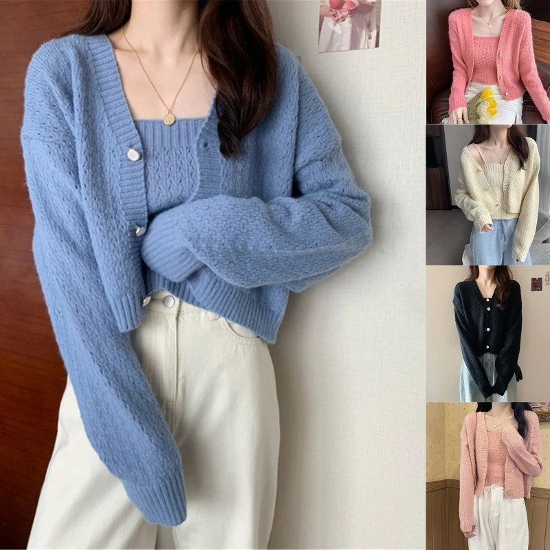 

Preppy Style Spring 2 Piece Solid Color Sweater Set for Women Knit V-Neck Button Cropped Cardigan with Cami for Tank Top