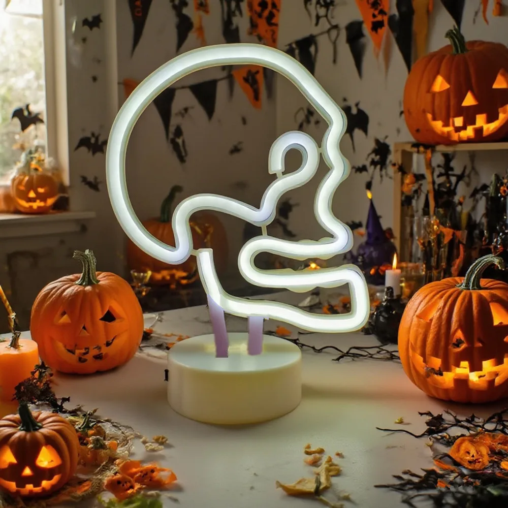 

Neon Signs Light Halloween Decoration Skull White LED Light for Table Holder Base,USB or 3-AA Battery Powered Home Decor 019