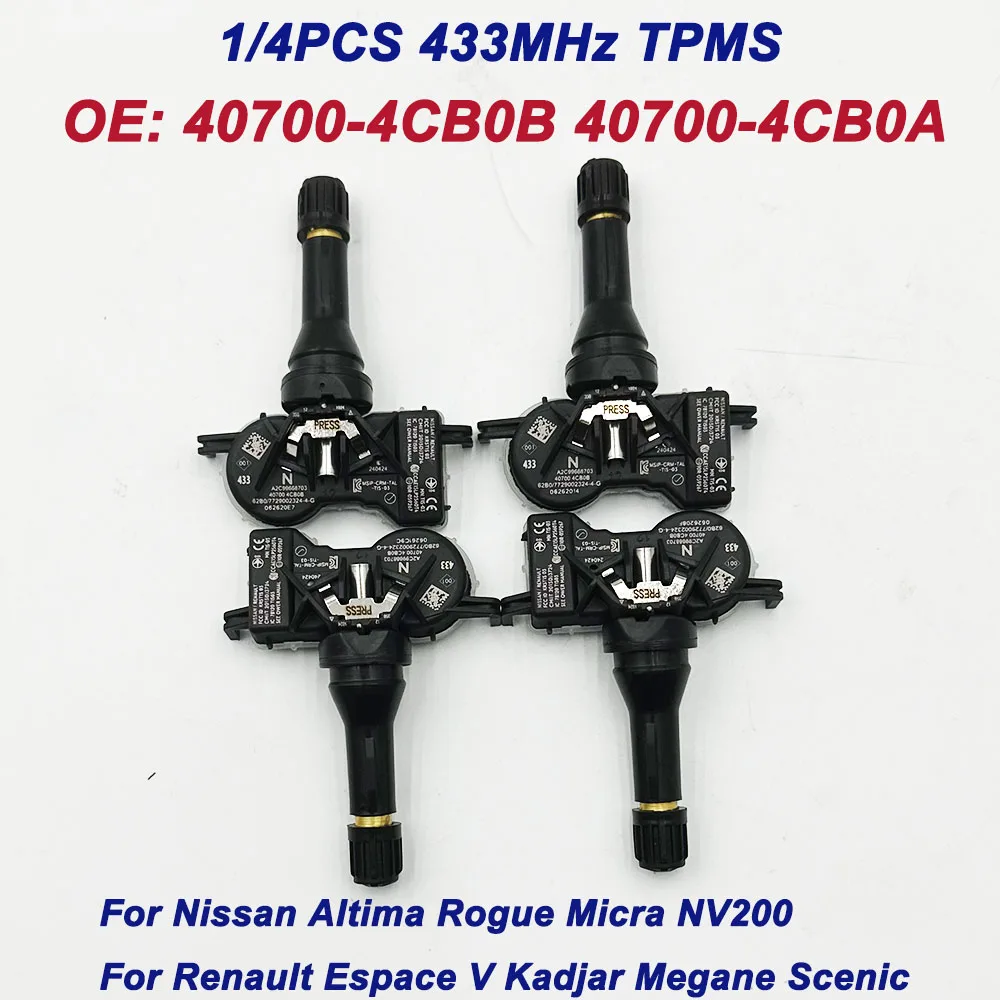 New 1/4Pcs For Nissan Altima Rogue Renault Espace 407004CB0B 407004CB0A 40700-4CB0B 40700-4CB0A TIRE PRESSURE SENSOR TPMS 433MHz