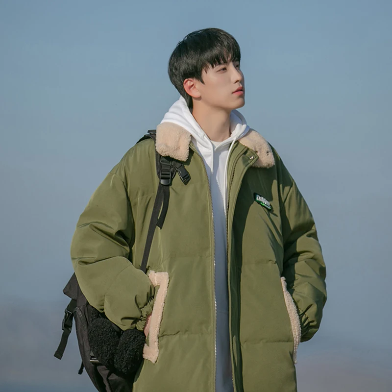 

Men's Winter Thiened Warm Casual Cotton Jaet Lamb Velvet Collar Coat Large Size Trendy Brand down Cotton Clothes