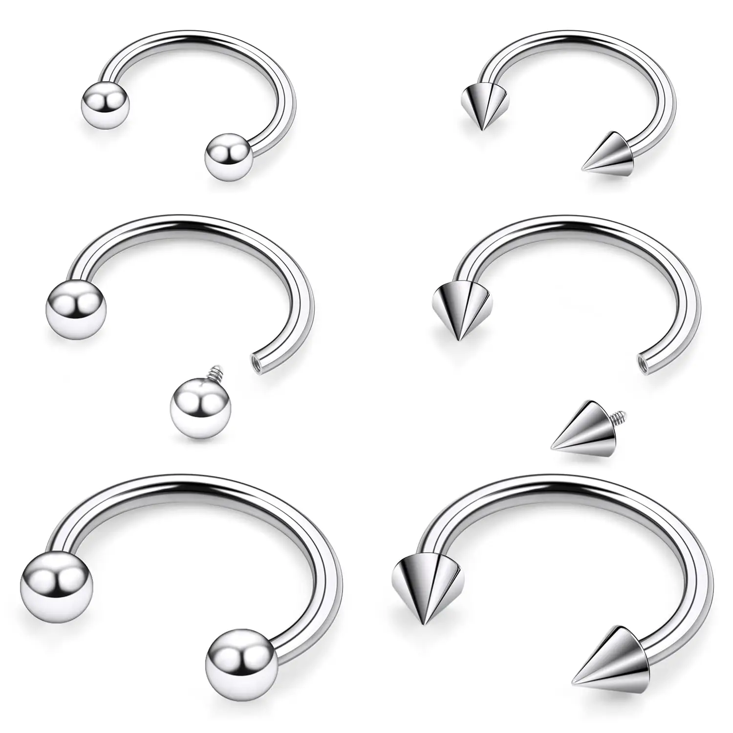 6pcs 16G Internally Threaded Surgical Steel Nose Septum Horseshoe Hoop Earring Eyebrow Tragus Helix Lip Rings Piercing Jewelry
