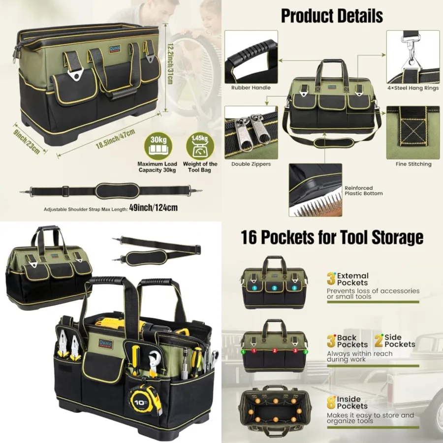 

Tool Bag, 18 Inch Large Tool Tote Bag Heavy Duty With Waterproof Molded Base, Wide Mouth Tool Box Organizer with Adjustable Sho
