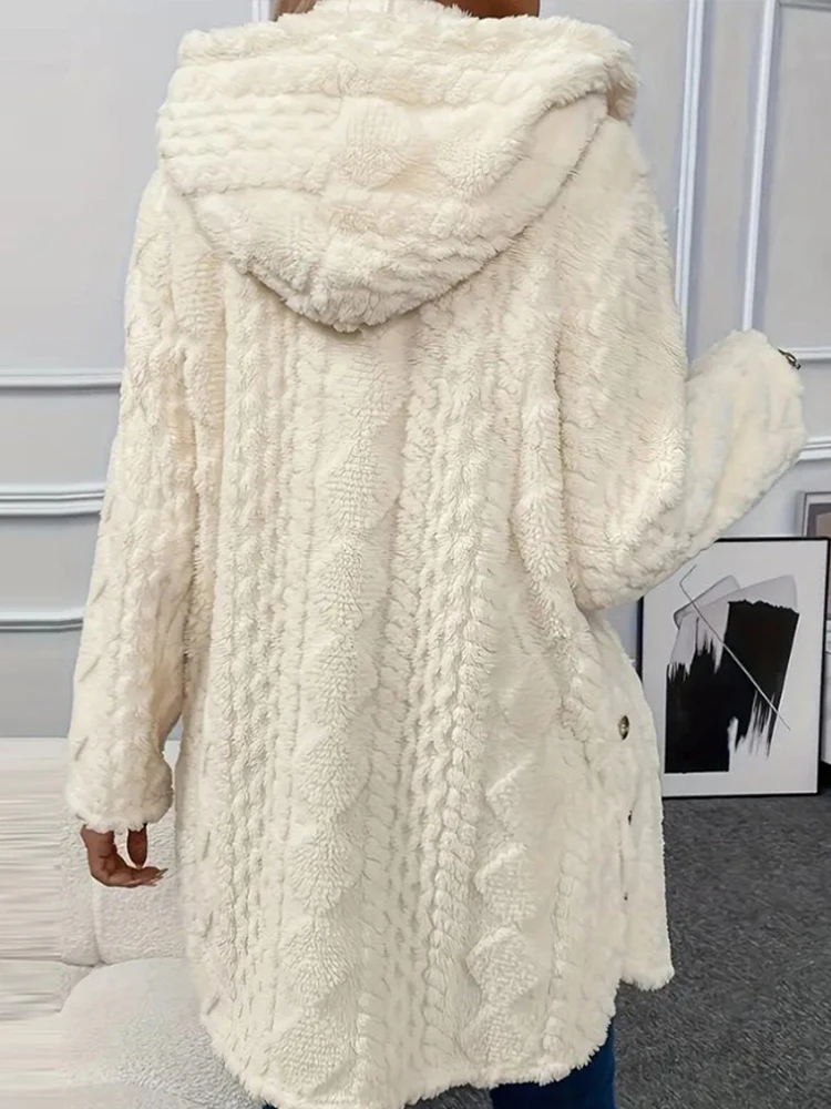 سترة نسائية سميكة بغطاء للرأس بأزرار قطيفة بلون سادة وأكمام طويلة سترات دافئة ملابس نسائية عصرية بصدر واحد #6