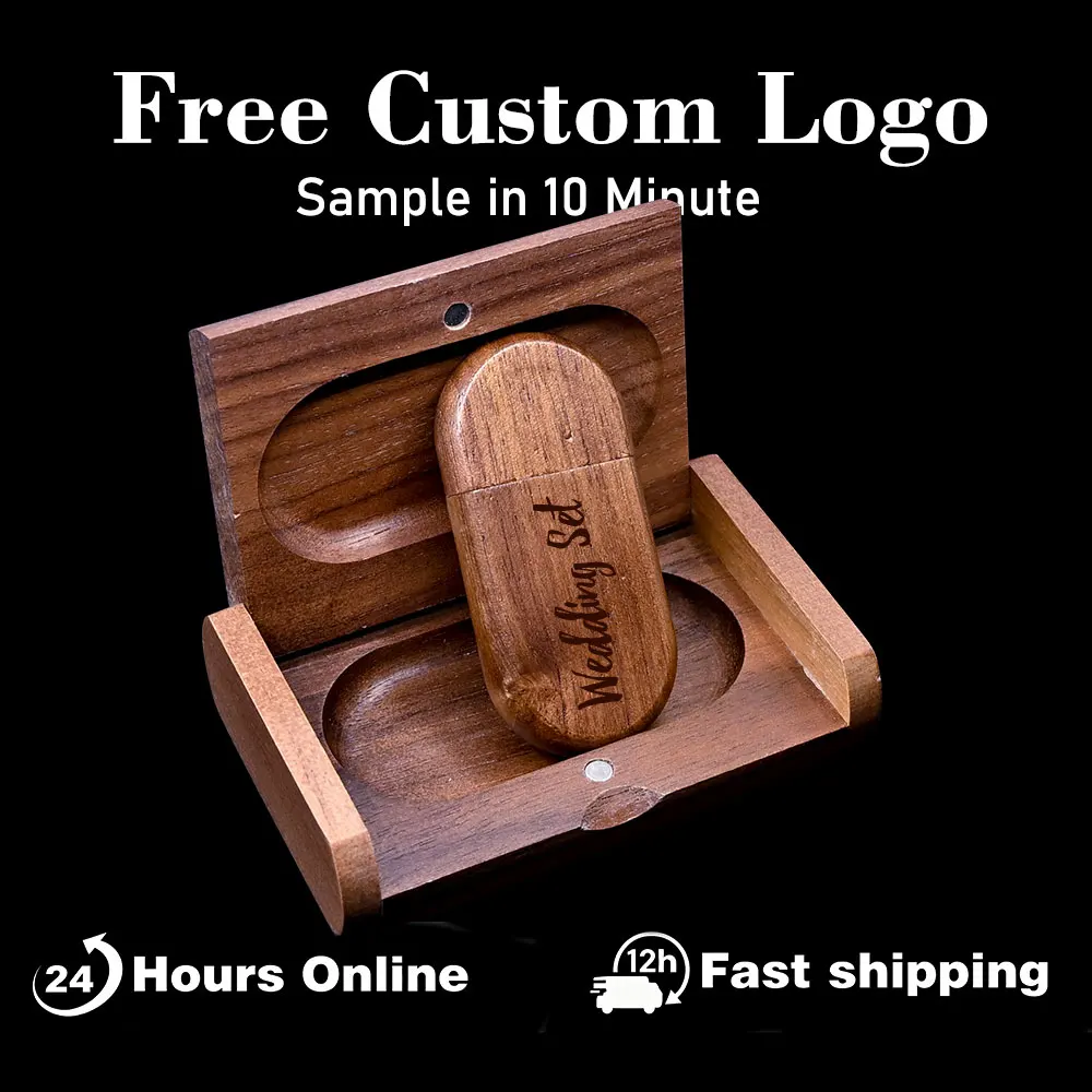 (1PCS free custom logo) USB Flash Drive 128GB Memory Stick 2.0 Wooden Oval Pen Drive 64GB Box Photography Wedding Gift
