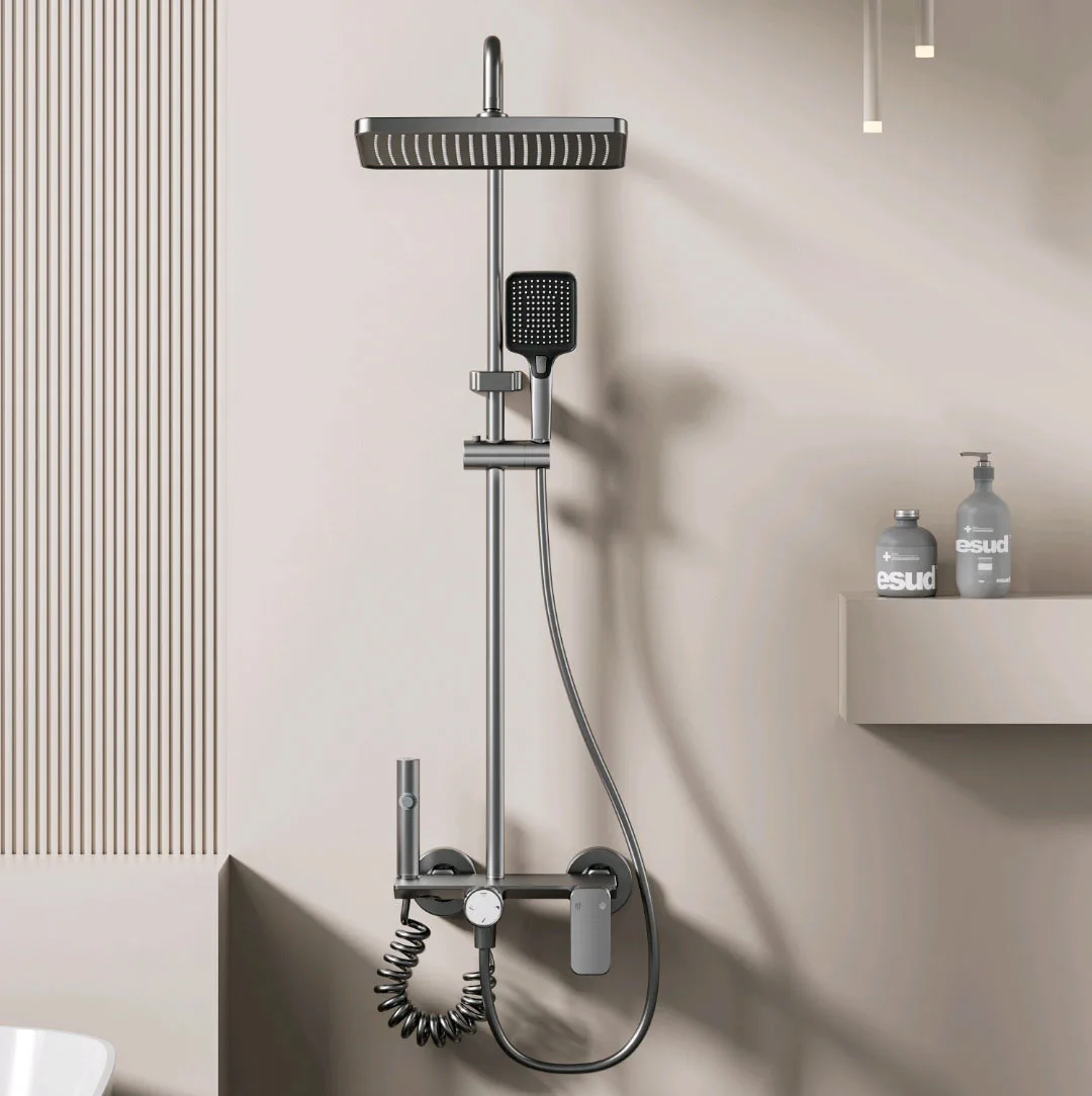 Multifunction Bathroom Shower System Set Hot and Cold Water Household Rotary Knob Pressurize Aluminum Gunmetal Gray Shower Set