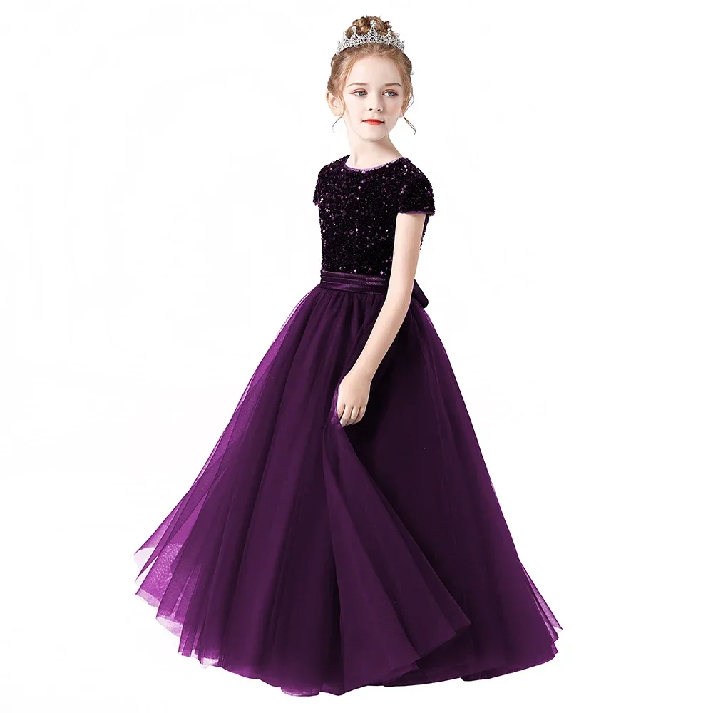 

Girls Short Sleeve Sequin Top Tulle Ball Gown Belted Design Formal Occasion Wedding Flower Girl Birthday Celebration Dress