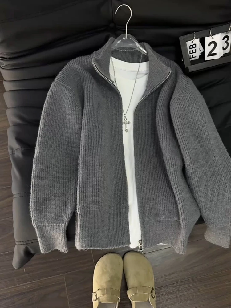 

Deep ey Zipper Stand Collar Knitted Sweater Men's Casual Sle Long Sve Lazy Faion Autumn Winter Outerwear Coat