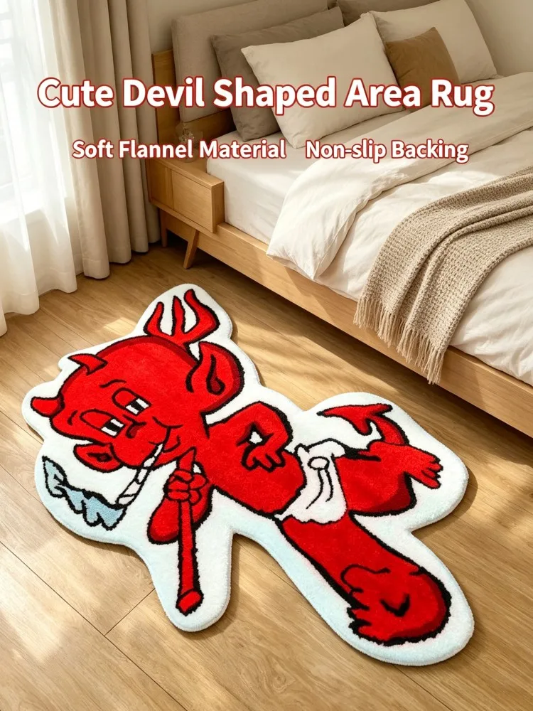 Cute Red Baby Devil Shaped Fluffy Floor Mat, Cartoon Little Demon Trident Irregular Area Rug Non Slip Soft Bedside Carpet for Te