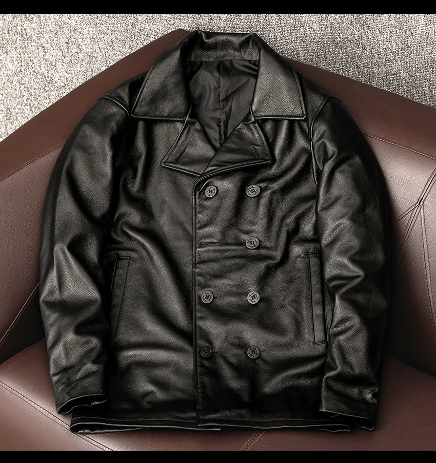 

leather Free shipping.sales.quality men windcoat.plus size buiness cowhide jacket.classic casual father leather cloth