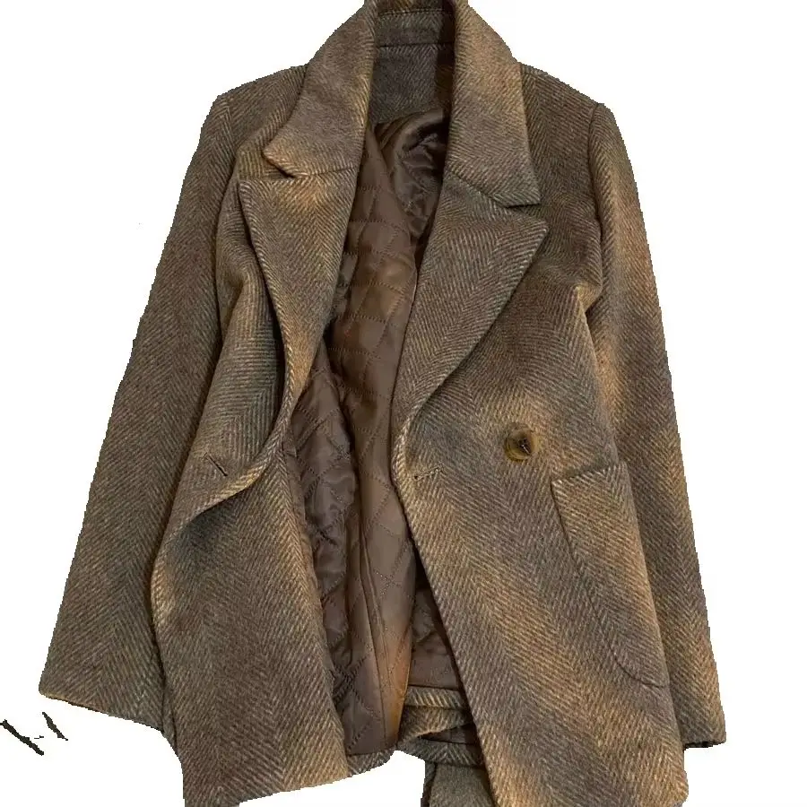 2026 Blazers Women Winter Jacket Coat New Coffee Vintage Lace-up Woolen Suit Jacket Ladies Commuter Casual Tops Female Outerwear