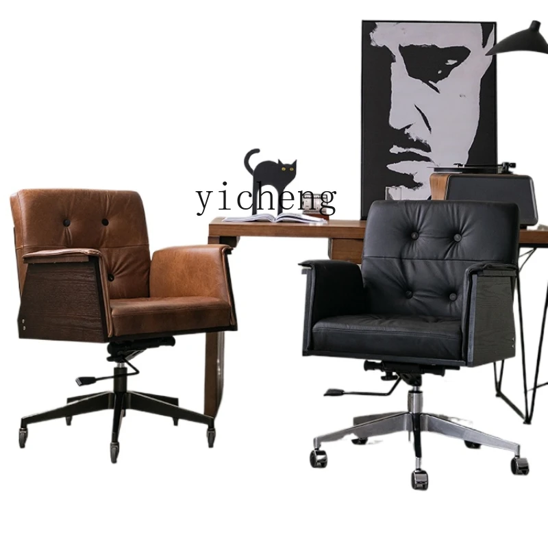 

ZK Cowhide Desk Chair Leather Office Chair Modern Light Luxury Oak Leisure Computer Chair