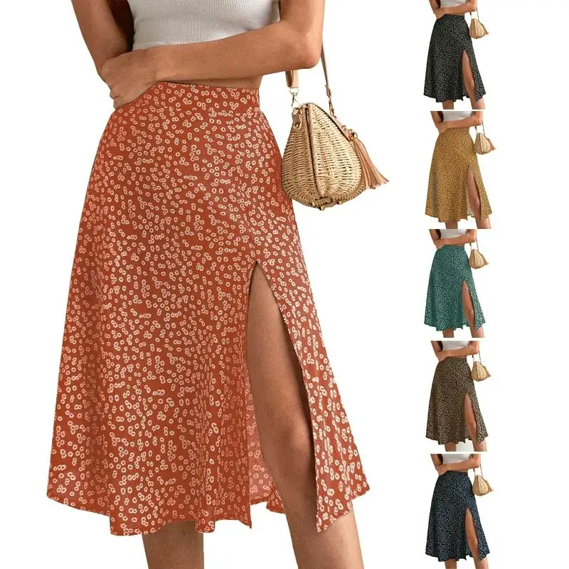 

Cross Border Split Aline Wrap Hip mid Waist Long Dr Floral Print Polyester Fiber A-Line Skirt for Women 8-24 Years Old