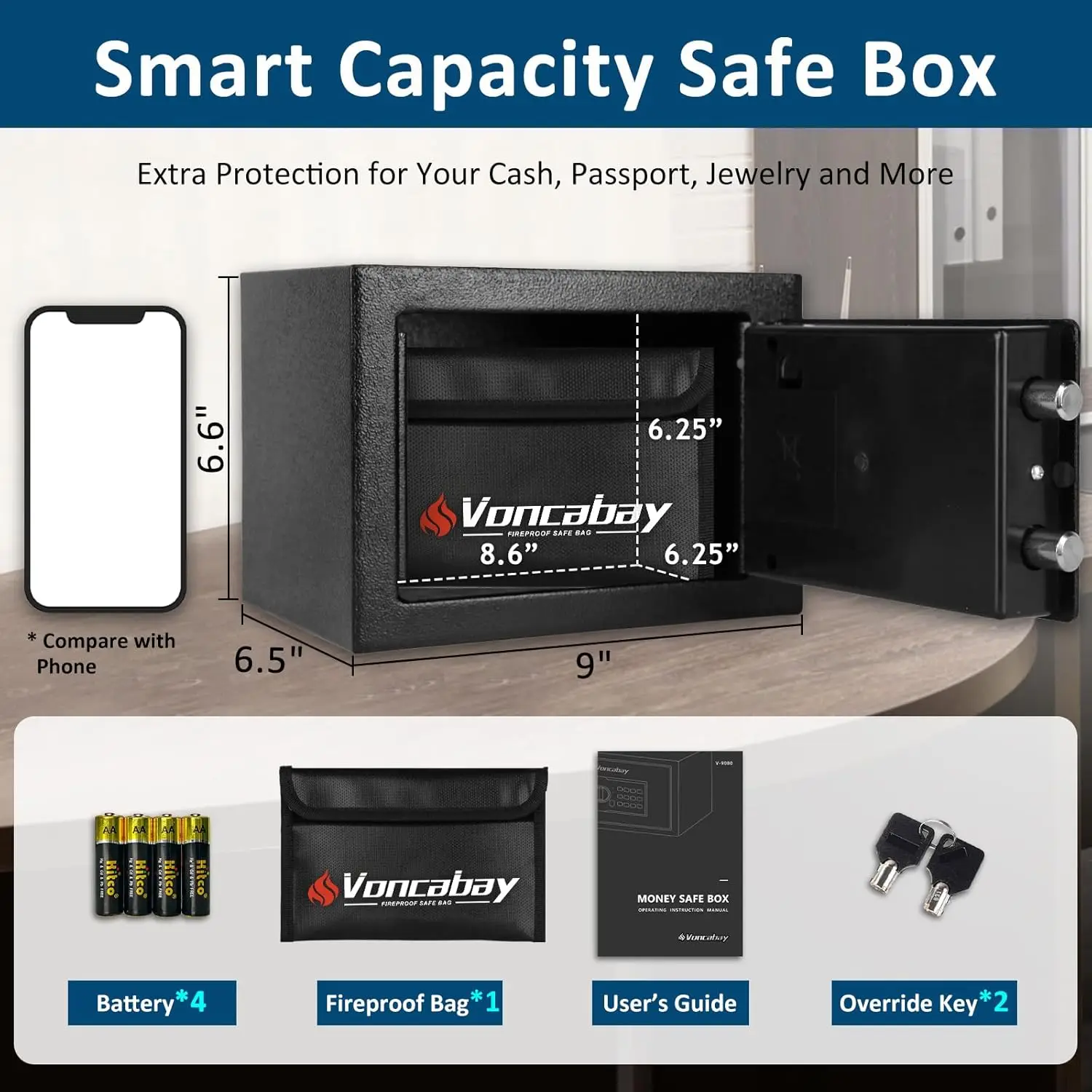 Fireproof Security Safe Box with Digital Keypad, Sensor Light & Emergency Keys - 0.23 Cubic Feet for Home Use