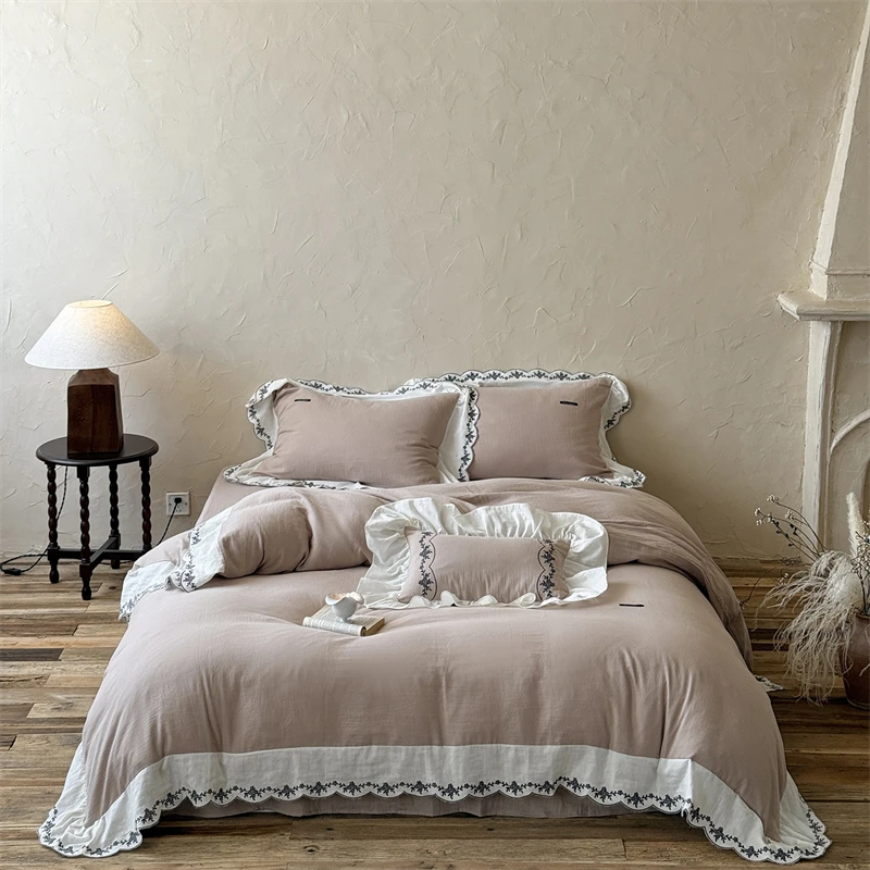 100% Cotton Double Layer Yarn Luxury Embroidery Ruffles Bedding Set, Duvet Cover, Bed Sheet/Fitted Sheet, With Pillowcases, 4Pcs