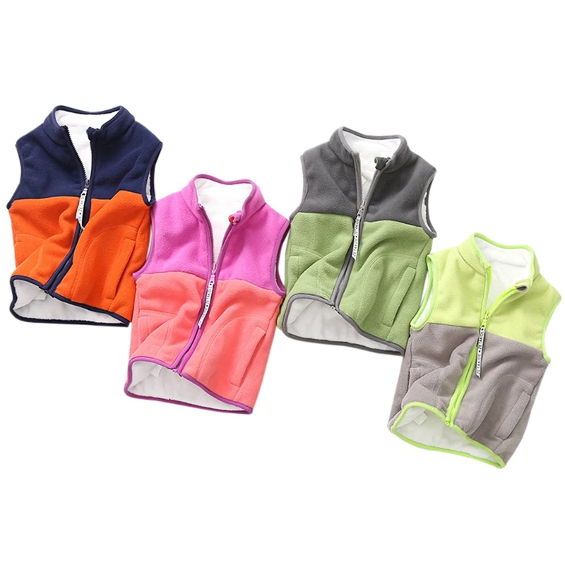 

Fall Winter Teenager Outerwear Waistcoats Sleeveless Jackets Vest Boy Girl Patchwork Color Fleece Baby Kids Vest Warm 100-140CM
