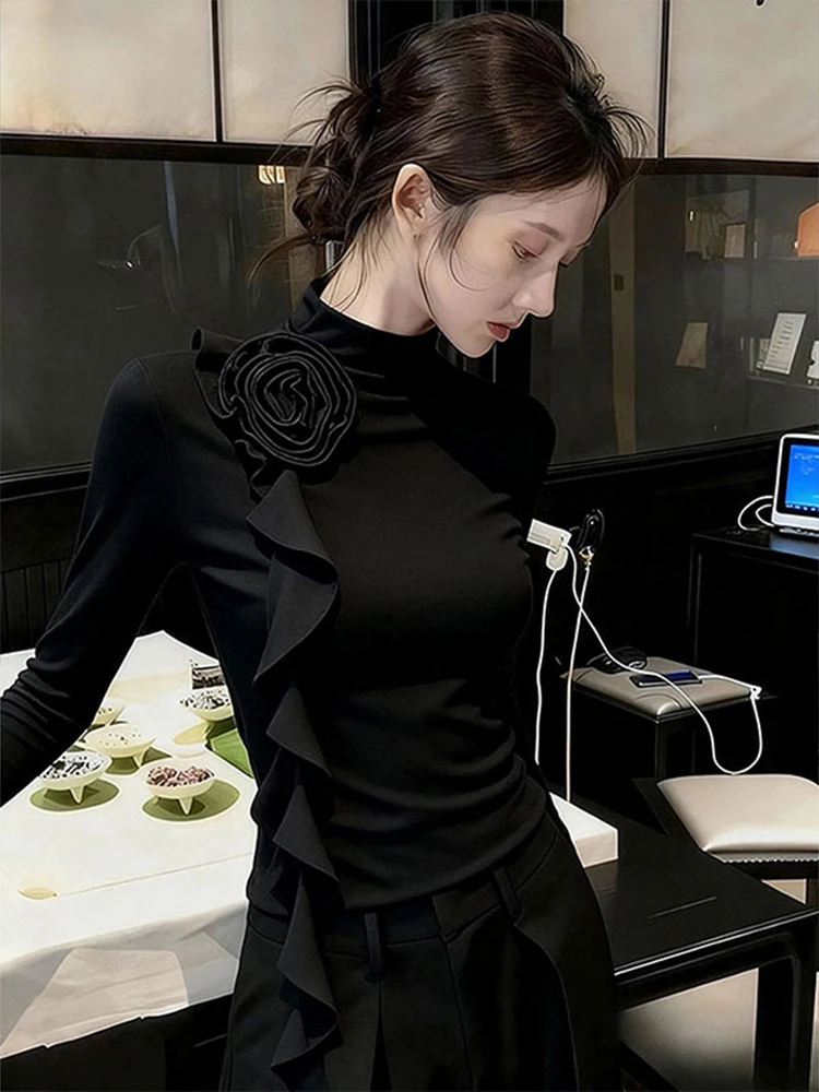 

3D Floral Slim Fit T Shirt Women Autumn Long Sleeve Ruffles Ribbon Black Tees Chic Elegant Office Lady Casual Harajuku New Tops