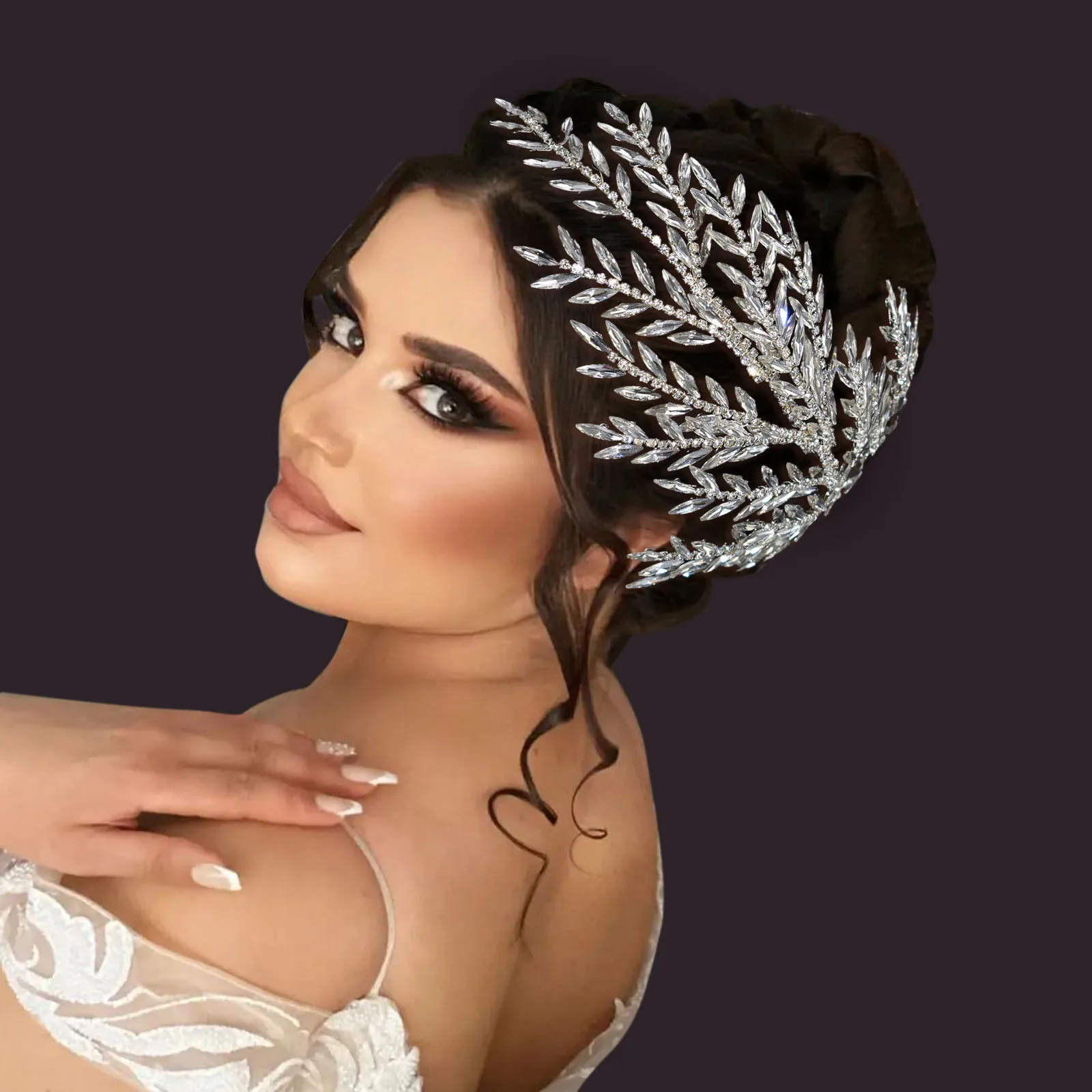 

New Diamond Bridal Headpiece Handcrafted with Diamond Leaf Shaped Hair Strap Coiled Hair Hoop Crown Accessories