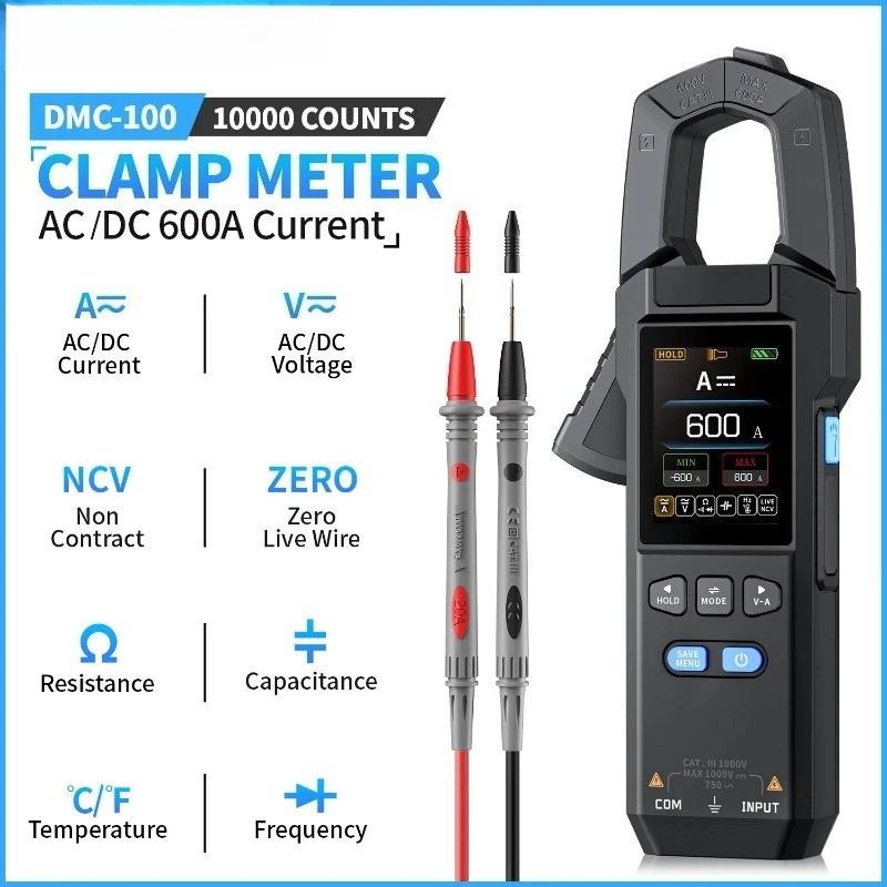 DMC-100 Digital Clamp Meter 600A AC/DC 10000 Counts TRMS Multimeter USB Charging Electrician Tool