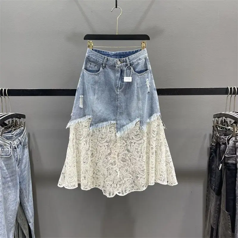 

Irregular lace splicing denim skirt women's 2025 summer design sense of thin a word medium and long tail skirt