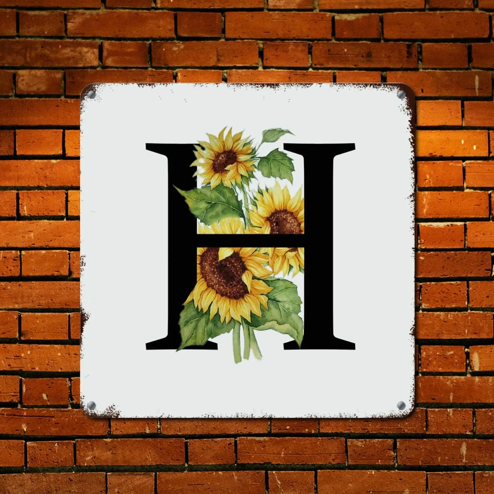 WoGuangis Letter H with Sunflower Metal Art Sign Yellow Flower And Monogram Retro Vintage Tin Metal Sign A-Z Letter Custom Metal