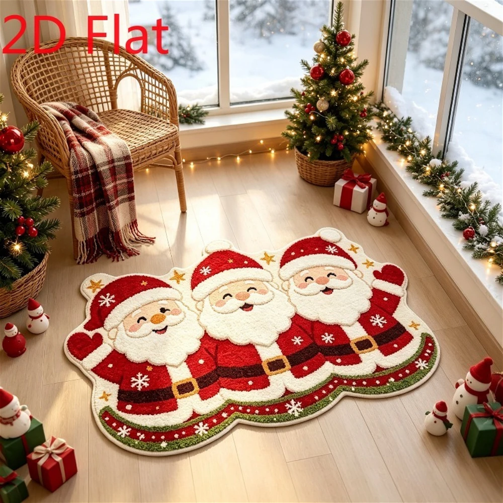 Three Standing Santa Christmas Welcome Rug Star Edge Trim Pattern Kitchen Doormat Cozy Dining Room Studio Floor Mat