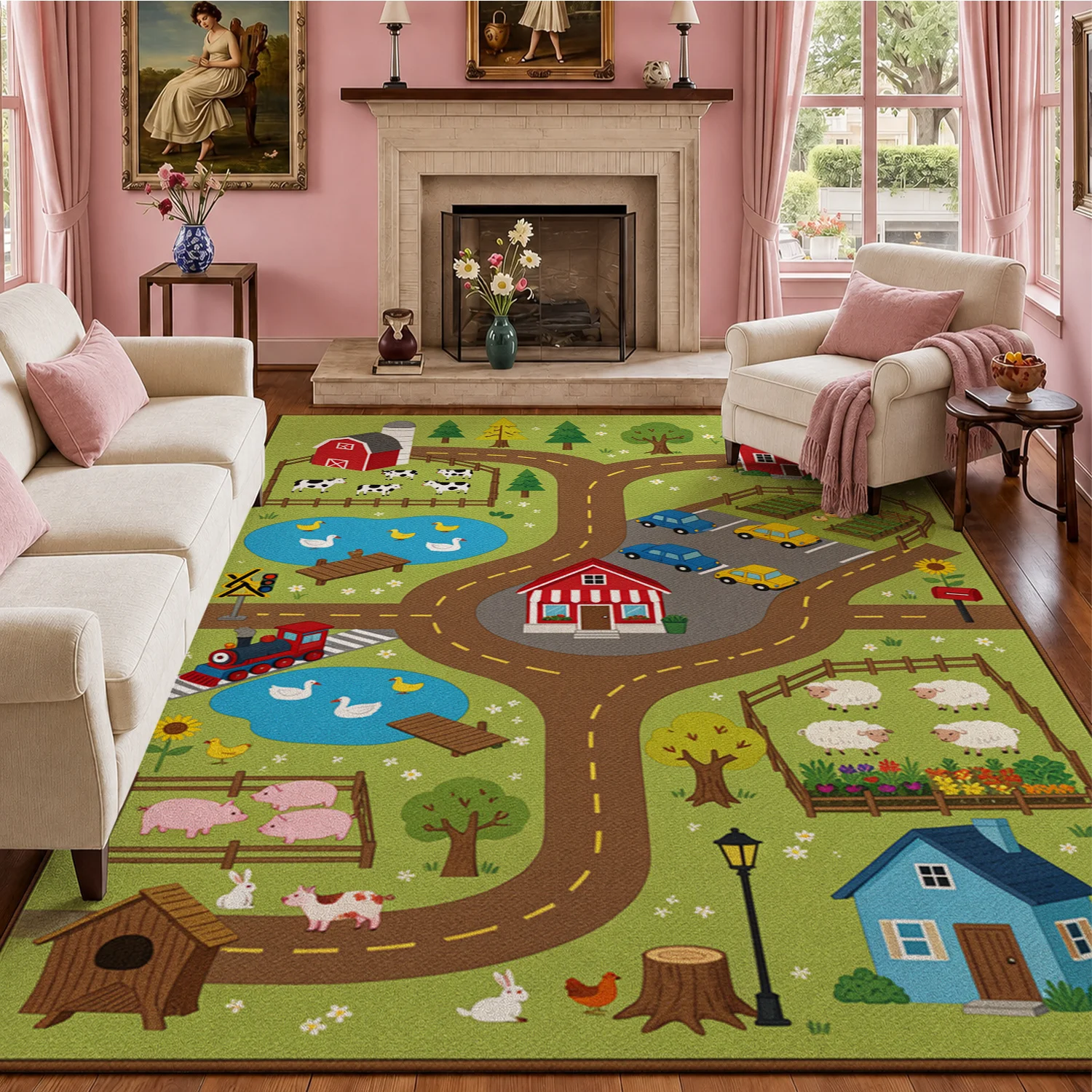 Farm Town Road Map Pattern Velvet Area Rug Machine Washable for Living Room Play Room Dining Room Halloween Thanksgiving Black Friday Christmas New Year
