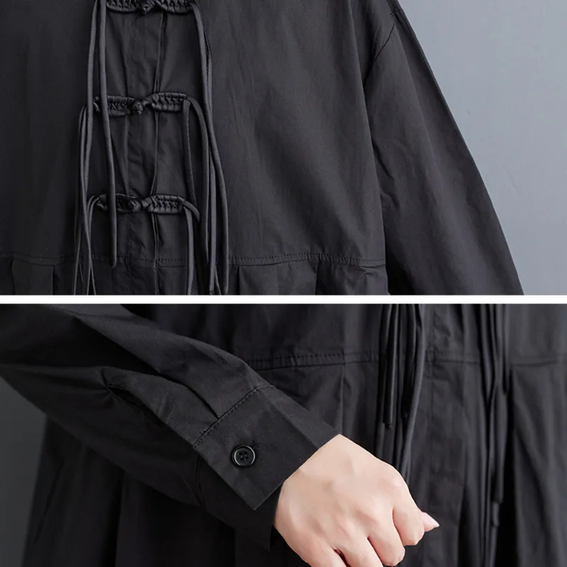 #4064 Black Vintage Long Shirt Dress Loose Buttons Turn-down Collar A-line Dress Long Sleeve Loose Retro Midi Dress Split Joint