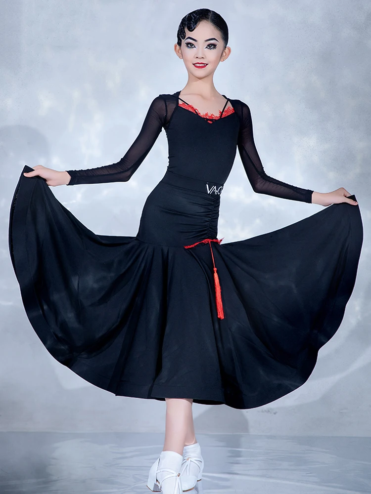 

Girls Ballroom Dance Dress Long Sleeves Black Competition Dress Kids Waltz Dance Costume Ballroom Dance Practice Clothes BL13535