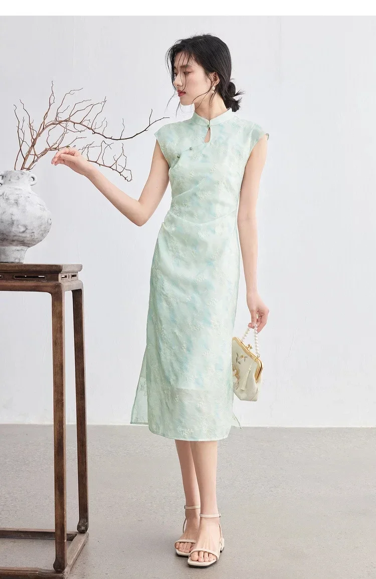SENTUBILA Damen Jacquard Qipao 2026 Sommerkleid mit Flügelärmeln und Seitenschlitz, Neues Chinesisches Midi-Kleid Q52LO2319 – Detail 19