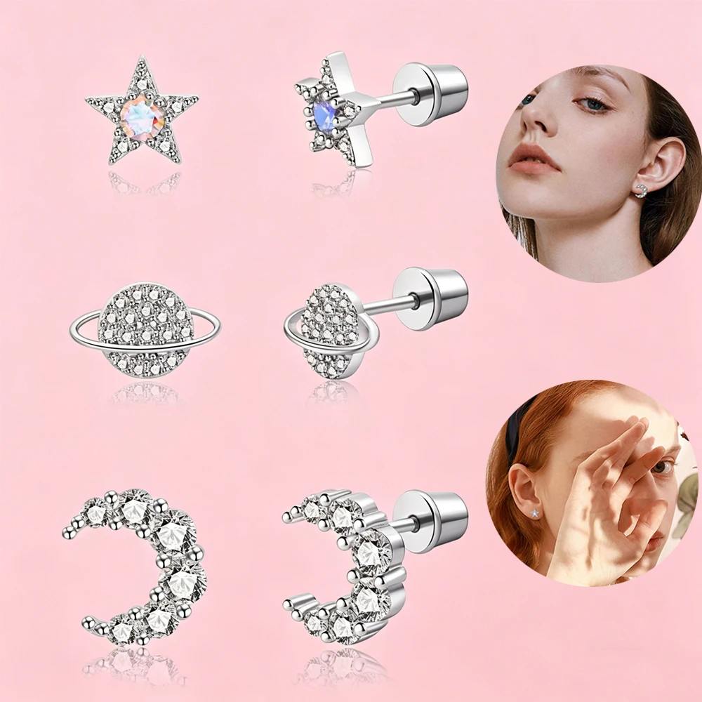 Catuni Star Moon Planet Earrings Set Women's Silver Color Diamond Space Theme Ear Pendants Non-Allergenic Fashion Accessories