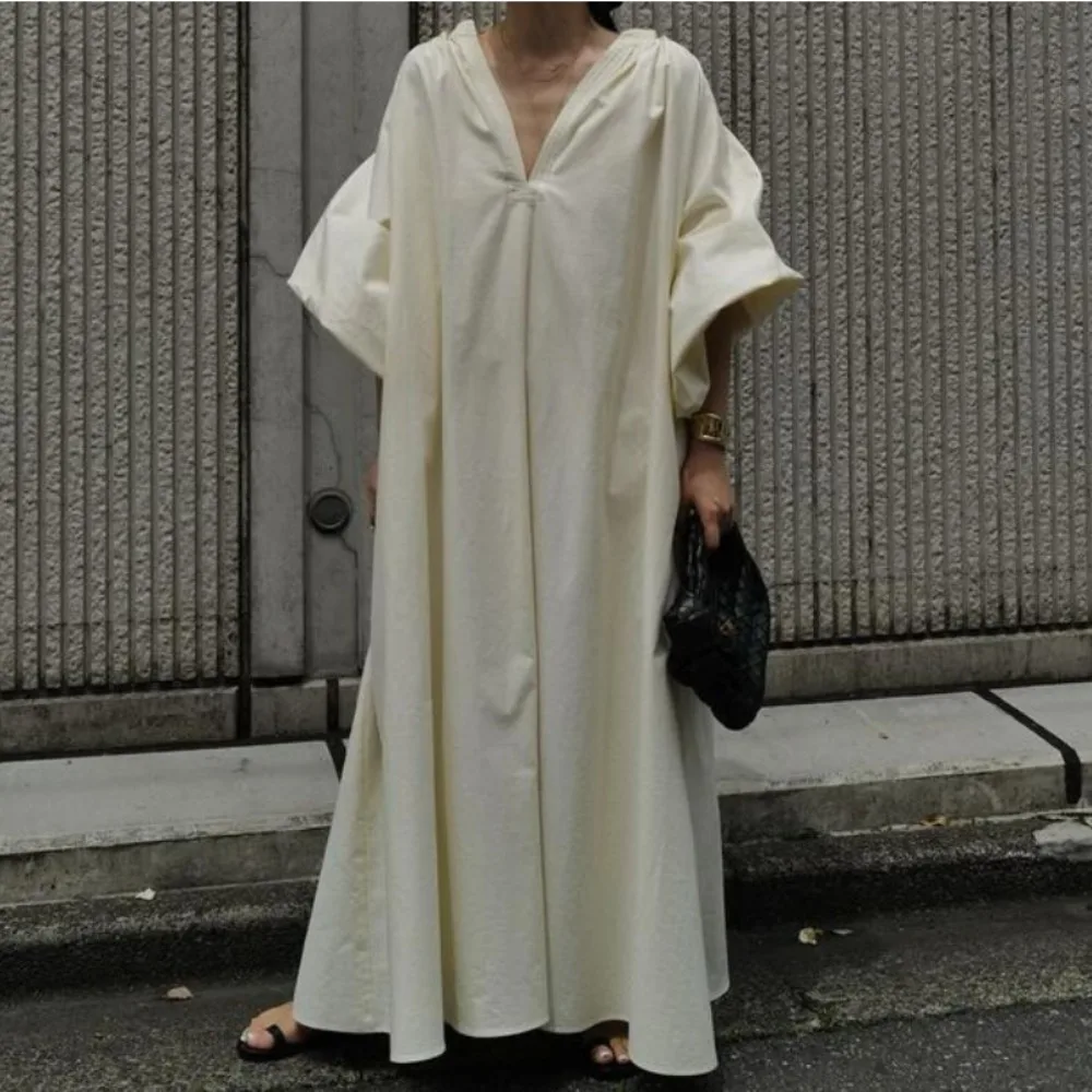 Kuzuwata Elegant V Neck Puff Sleeve Loose Waist Dress Casual Mid-length Vintage Simple A-line Robe Japan New Slim Fit Vestidos