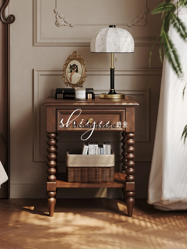

01Medieval bedside table All solid wood French retro bedside table Hollow storage