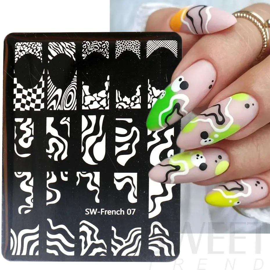 French Nail Art Stamping Plate Drawing Template Geometric Stripe Line Flower Love Lace 3D Image Stencil Mold Printing Tool BESW